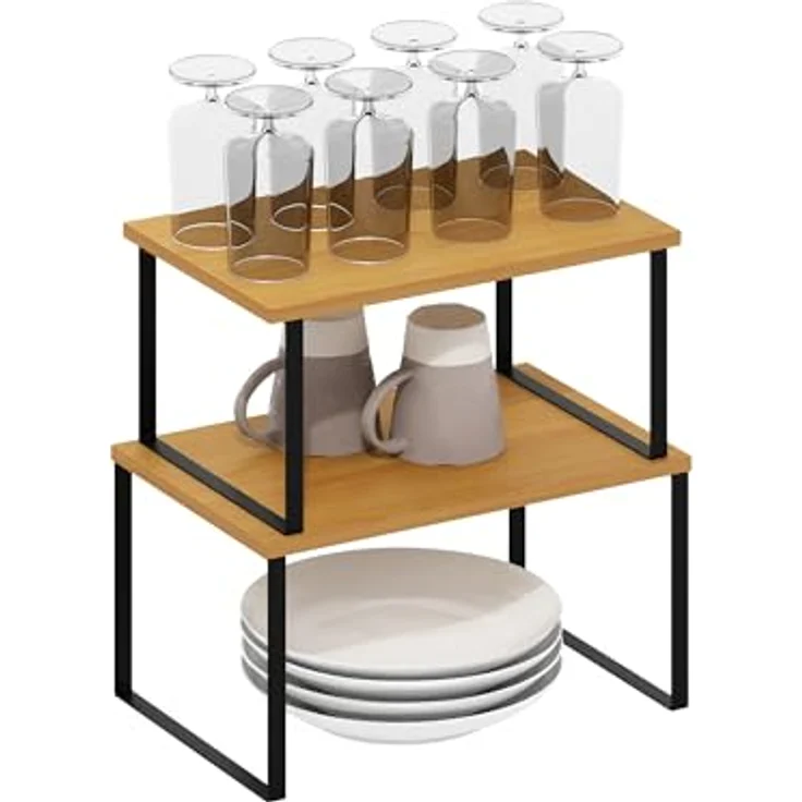 Furinno Ravel Mehrzweck erweiterbare, stapelbare Küchenarbeitsplattenregale, 2er-Set, Buche/Schwarz – Bild 2