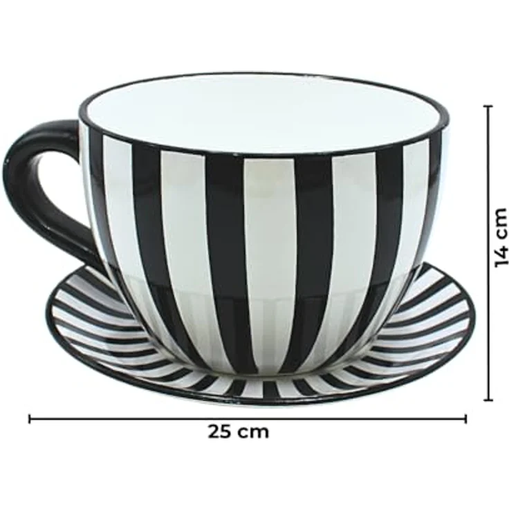 Dekohelden24 Blumentopf, Pflanztasse, Pflanzkübel, Pflanzgefäß, Blumenkübel, Pflanztopf. Übertopf als Tasse mit Griff aus Keramik, Motiv: Schwarz-Weiß-Gestreift, L/B/H 25 x 23 x 14 cm. – Bild 8