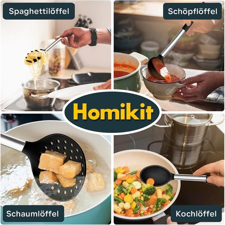 Küchenhelfer Set 10-tlg. Silikon Kochutensilien Edelstahlgriff Schwarz – Bild 7