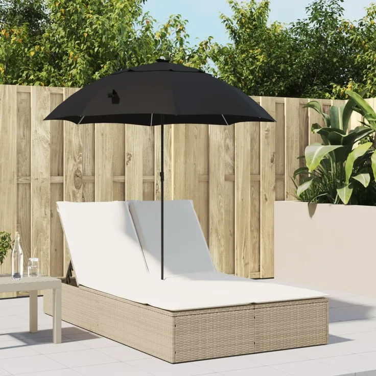 Doppel-Sonnenliege, Gartenliege mit Kissen & Sonnenschirm Beige Poly Rattan
