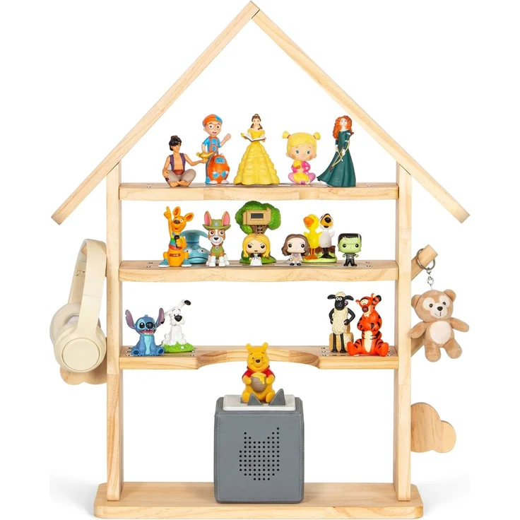 Todeco Toniebox Regal aus Holz, Magnetische Aufbewahrung für 30-40 Tonie Figuren, Verstärkte Magnetleisten, Seitenhaken, Freistehende Regale, Kinderregal für Mädchen & Jungen, Hausförmiger – Bild 1