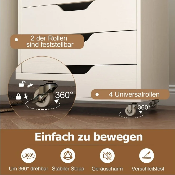 COSTWAY Rollcontainer, mit 7 Schubladen Aktenschrank mit Rollen weiß – Bild 3