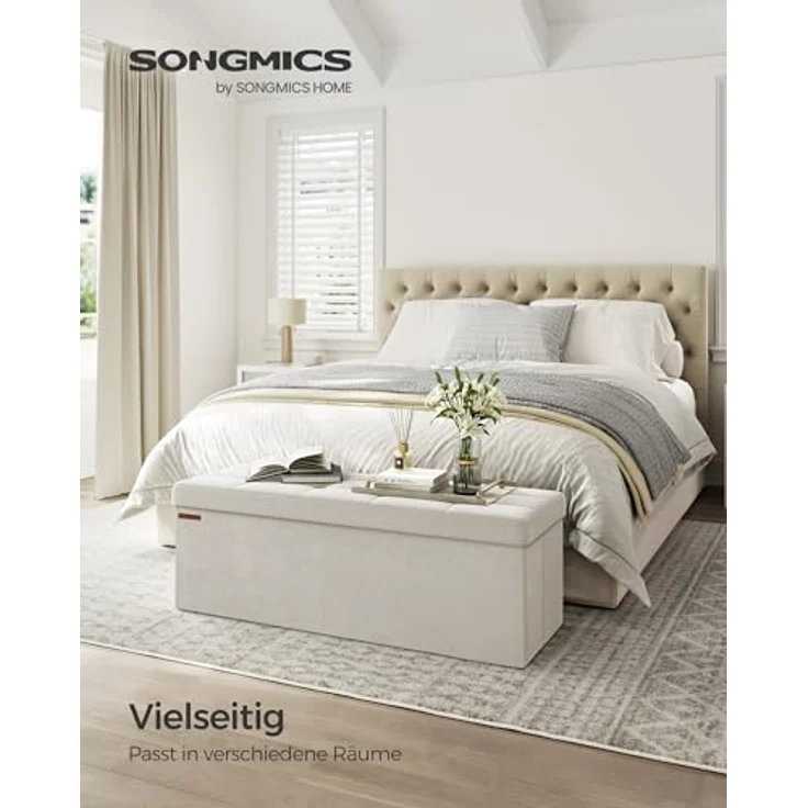 SONGMICS Sitzhocker mit Stauraum, klappbare Sitzbank, 38 x 110 x 38 cm Fußbank, Aufbewahrungsbox, bis 300 kg belastbar, für Wohnzimmer Schlafzimmer Flur, cremeweiß LSF277W01 – Bild 5
