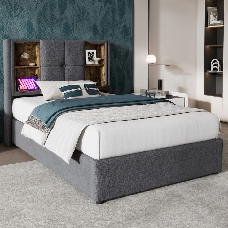 Einzelbett Polsterbett Baumwolle mit Stauraum & USB-Anschluss, 95x206x100,5 cm, Grau, ohne Matratze – Bild 2