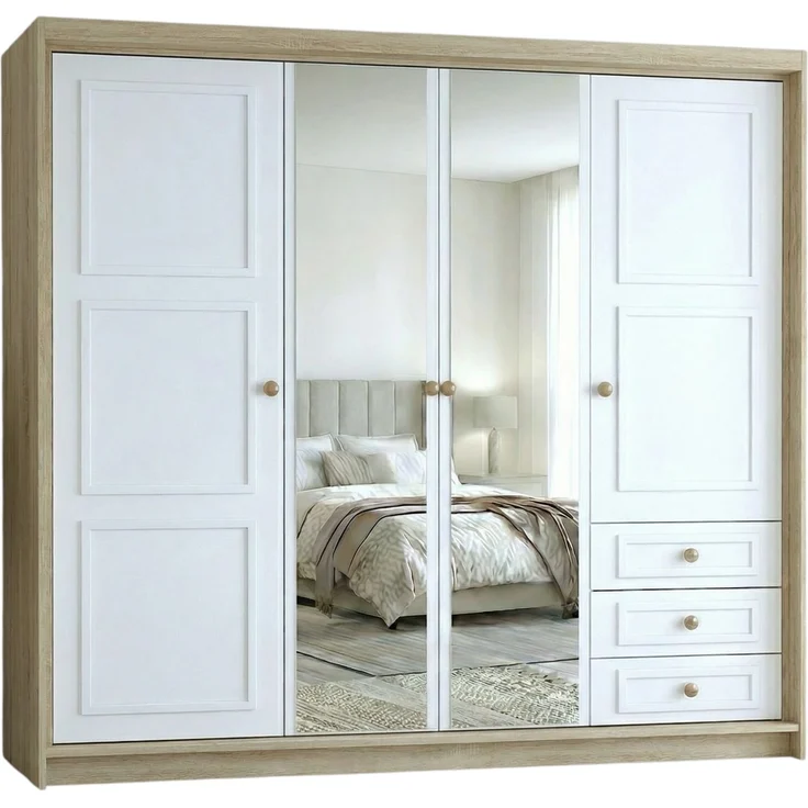 Drehtürenschrank OSLO viertüriger Kleiderschrank mit Schubladen und Metallgriffen – Bild 2