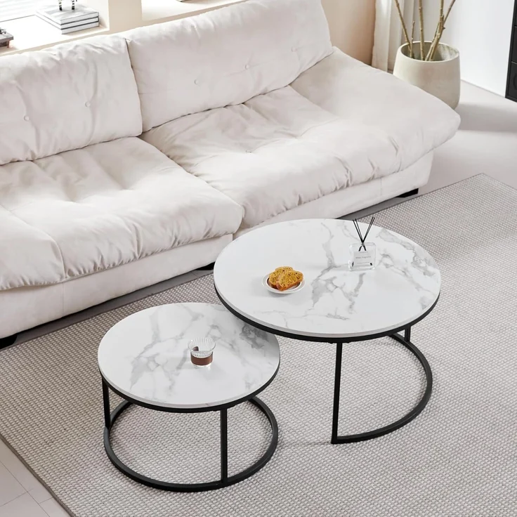 GrandCA HOME Couchtisch 2er Set,Stapelbarer Couchtisch, Couchtische Rund, Marmorierte MDF-Tischplatte, Schwarze Tischbeine aus Edelstahl，Geeignet für Wohnzimmer, Esszimmer（Ø80x45H cm，Ø60x35H cm） – Bild 1