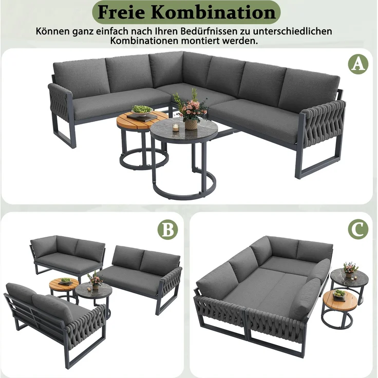 Merax Gartenlounge-Set, 6-Sitzer Gartenmöbel-Set Sitzgruppe mit 2 stapelbaren Couchtische, grau – Bild 5