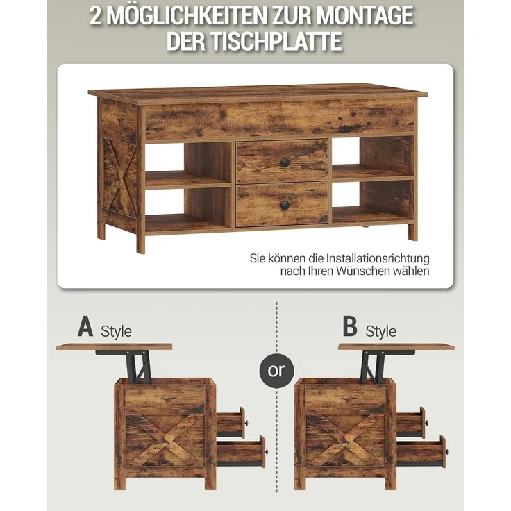 Couchtisch, höhenverstellbarer Wohnzimmertisch, Sofatisch, 2 Schubladen und Versteckter Stauraum, 50 x 100 x 47,3-61,3 cm, für Wohnzimmer, Esszimmer, Büro, Vintage Braun-Schwarz – Bild 4