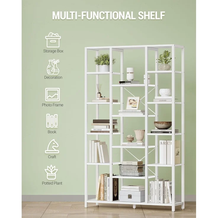 Bücherregal, Standregal mit 6 Ebenen 15 Ablagen, Verstellbare offene Ablagen, für Wohnzimmer, Büro, Schlafzimmer, 30 x 100 x 170cm, Weiß – Bild 5