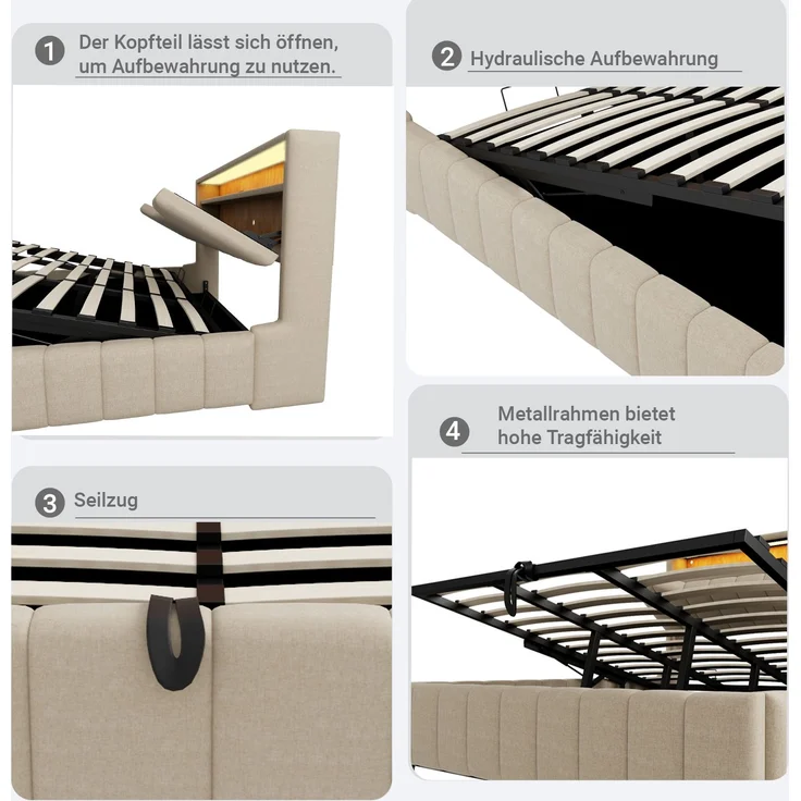LVHOM Doppelbett 180 x 200cm mit Hydraulik und Stauraum, Funktionsbett mit LED & USB, Polsterbett mit Kopfteil-Fach, Leinen, Beige – Bild 5