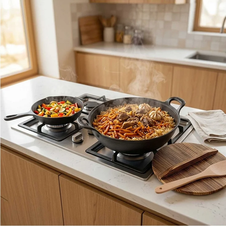 BIG-PAN Wok Gusseisen Kazan 5 L mit Holzdeckel, Pfanne 18,5 cm & Holzspate, Gusseisen (Wokpfanne-Set induktionsgeeignet, alle Herdarten Grill Backofen), Schmortopf Asiapfanne Wokpfanne – Bild 2