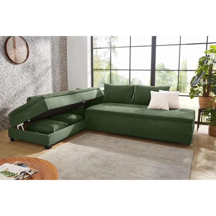 Ecksofa-Dauerschläfer Doppelbett Federkern Bettkasten Regal Couch in Cord Grün – Bild 3