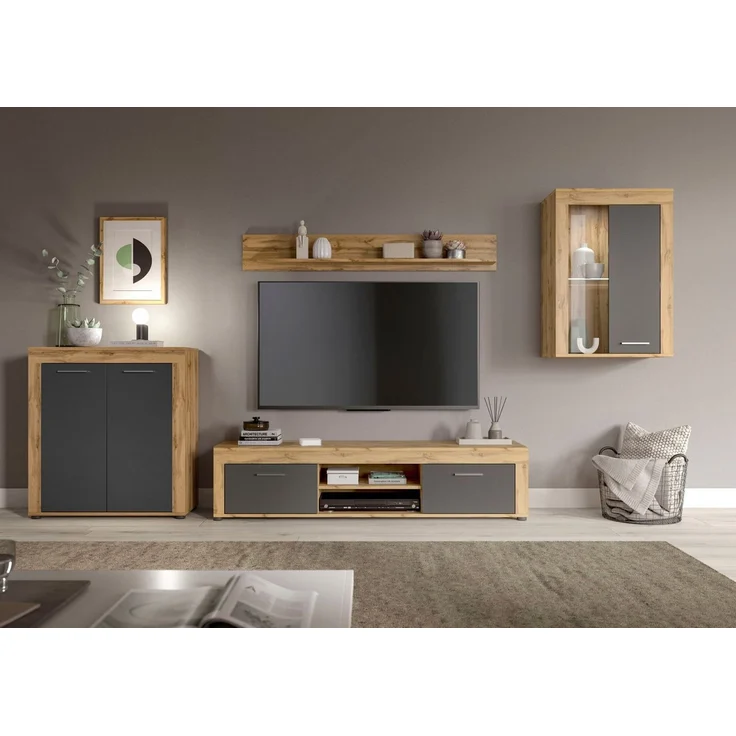 OTTO home Wohnwand AOSTA, Breite 330cm, 4-teilige Wohn-Kombination, (4-St, bestehend aus: Highboard, Lowboard, Wandboard & Vitrine), Wohnwand, Kombination, Anbauwand, Möbel Set, Schrankwand, Möbel Kombi – Bild 1