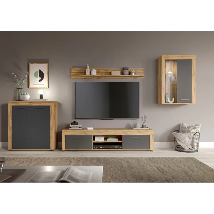 OTTO home Wohnwand AOSTA, Breite 330cm, 4-teilige Wohn-Kombination, (4-St, bestehend aus: Highboard, Lowboard, Wandboard & Vitrine), Wohnwand, Kombination, Anbauwand, Möbel Set, Schrankwand, Möbel Kombi