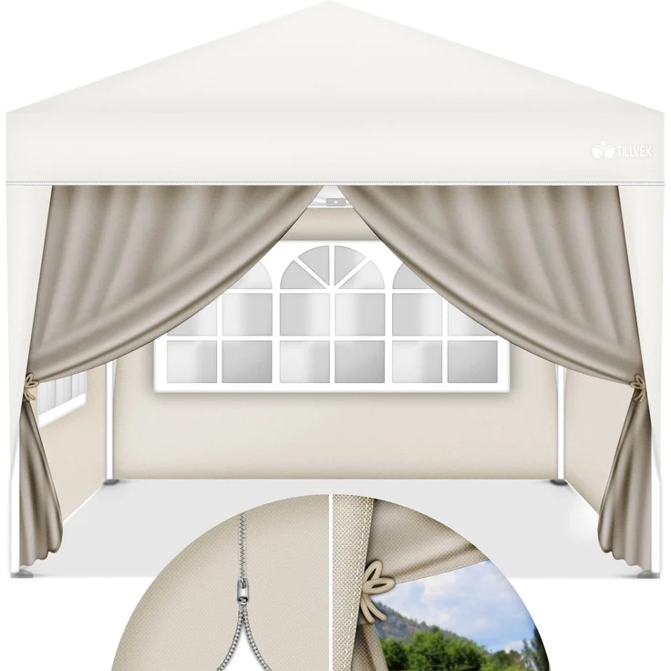tillvex® 4X Seitenwand beige für Pavillon 3x3m & 3x6m | Faltpavillon Seitenteile wasserabweisend | Seitenfenster & Reißverschluss | Seitenwände für Gartenzelt Partyzelt – Bild 6