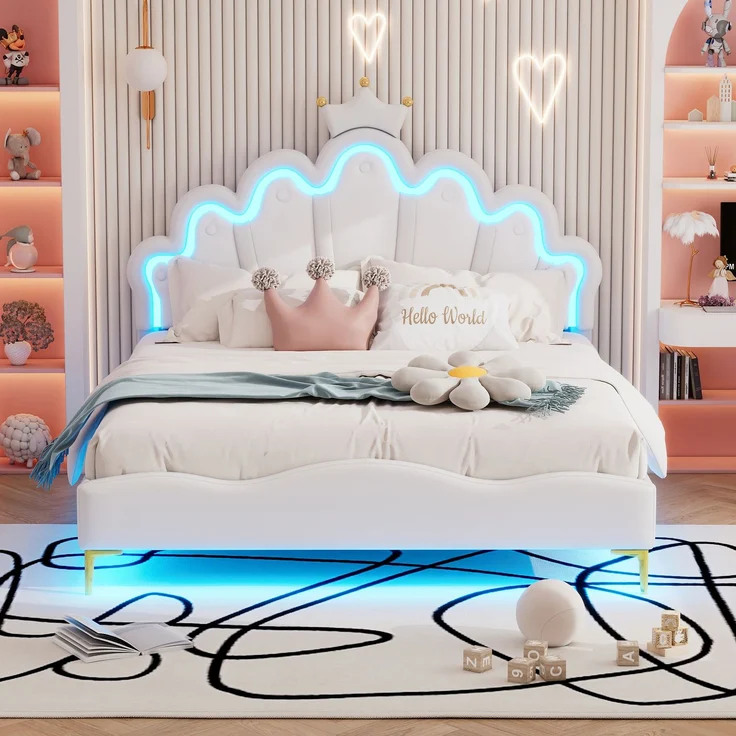 140*200cm Flaches Doppelbett, kronenförmiges Prinzessinnenbett, weiche Polsterung aus PU-Leder, verstellbarer LED-Umgebungslichtstreifen, weiß – Bild 1
