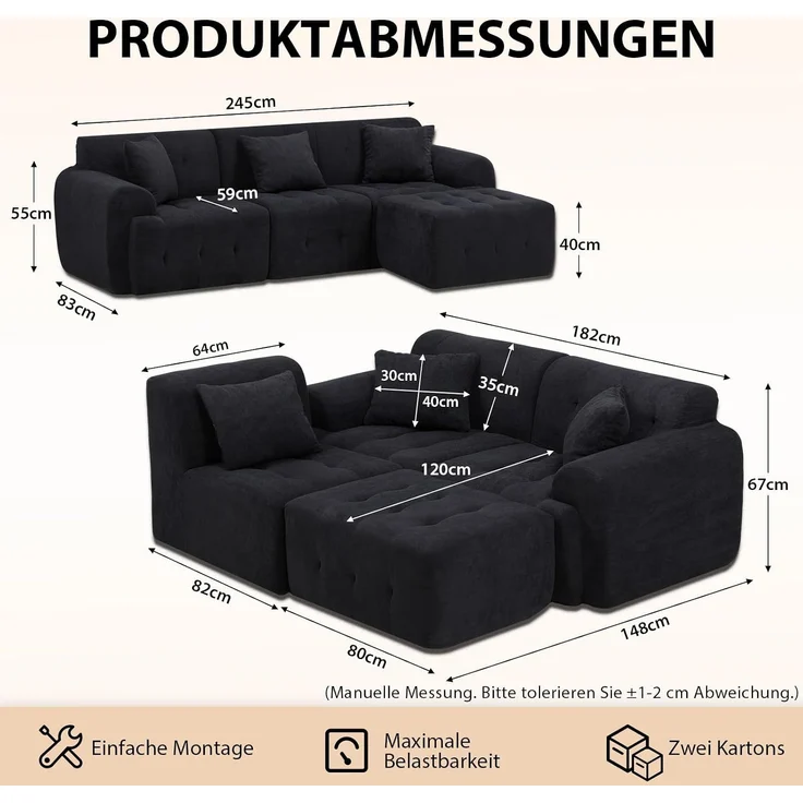 COMHOMA Sofa Ecksofa, Modulares Sofa, 2 Sitzer Bodensofa Couch mit Kissen Armlehne, für Wohnzimmer, vakuumverpackt – Bild 2