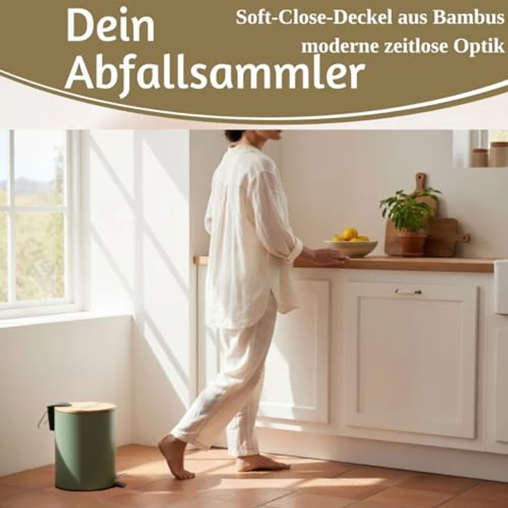 LS-LebenStil Tretmülleimer 3L, Rund in Matt Grün mit Softclose Holz Deckel, Fußpedal Kosmetikeimer für Bad und Küche – Bild 3