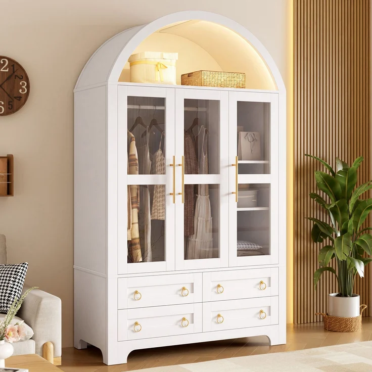 Kleiderschrank 110x50x186 cm in Weiß mit 3 Glastüren, 4 Schubladen und App-LED – Bild 3