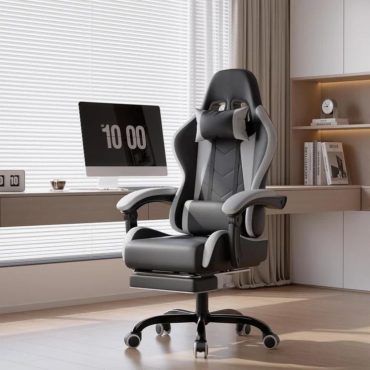 Devoko Massage Gaming Stuhl, Computer Bürostuhl mit Fußstütze, Racing Gamer Stuhl 150kg Belastbarkeit, 90-135° Rückenlehne einstellbar Ergonomischer PC Stuhl, 360° drehbar, Weiß – Bild 9