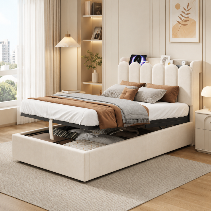 ZUBALIYA Polsterbett 90 x 200 cm mit hydraulischem Bettkasten, USB-Anschluss, Lattenrost, Samt, Beige
