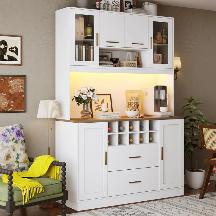 EINHOM Seitenschrank, Aufbewahrungsschrank, Küchenschrank, Anrichte, 120 x 36, 3 x 180 cm, mit LED-Beleuchtung und Steckdose, Sechs Türen, Zwei große Schubladen, Schwarz/weiß, Weiß – Bild 4