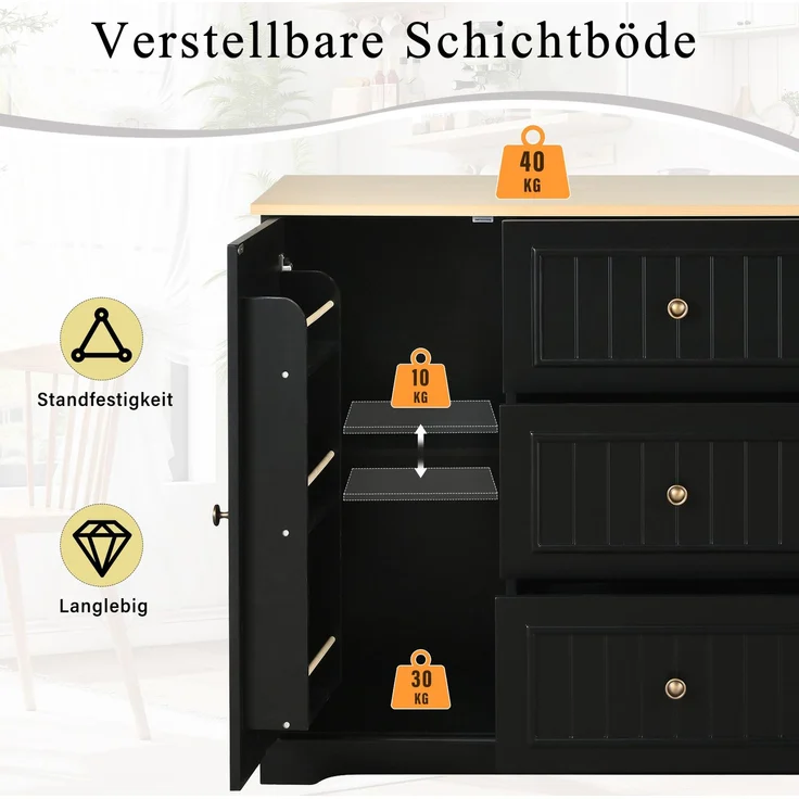 Sideboard 126x40x86 cm in Schwarz mit 3 Schubladen und verstellbaren Einlegeböden – Bild 6
