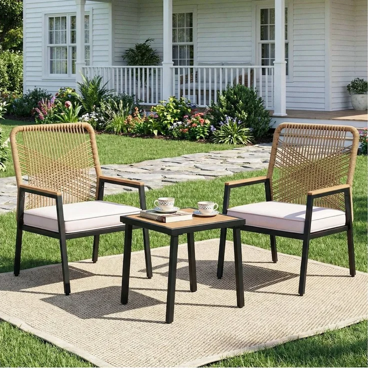 TLGREEN Gartenstuhl Eisen-Rattan Gartensessel,verbreiterter Sitz, (Gartenmöbel-Set,Zwei Stühle und ein Beistelltisch, 3 St), 160 kg Belastbar für Terrasse, Garten und Veranda – Bild 1