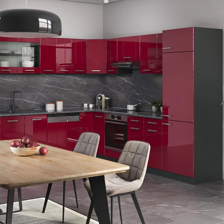 Eckküche R-Line Rot Hochglanz/Anthrazit 287 x 227 cm, AP Marmor Vicco – Bild 4