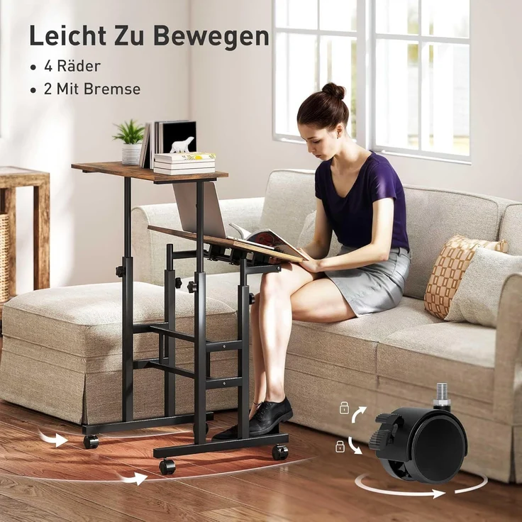 HOMCOM Schreibtisch 2-stufige Arbeitsfläche (Laptoptisch, 1-St, Arbeitstisch), Höhenverstellbar, Rustikal-Braun – Bild 6