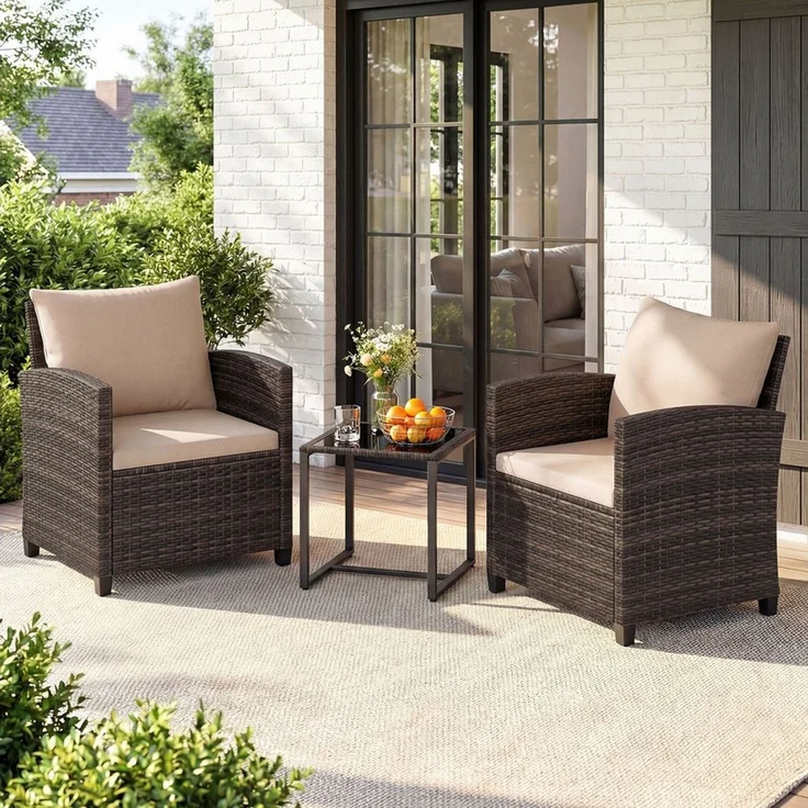 COSTWAY Balkonset, (3-tlg), Rattan Gartenmöbel mit 2 Stühle & Tisch, 2 Personen – Bild 1