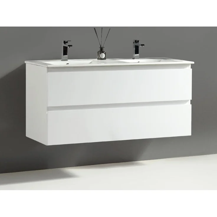 Alpenberger Badezimmer-Set Badezimmer Möbel Badschrank - Doppelwaschbecken mit Unterschrank, (Moderner Waschplatz, Keramik Waschbecken mit Überlauf), Doppelwaschtisch 120 cm Breit – Weiß Glänzend – Bild 1