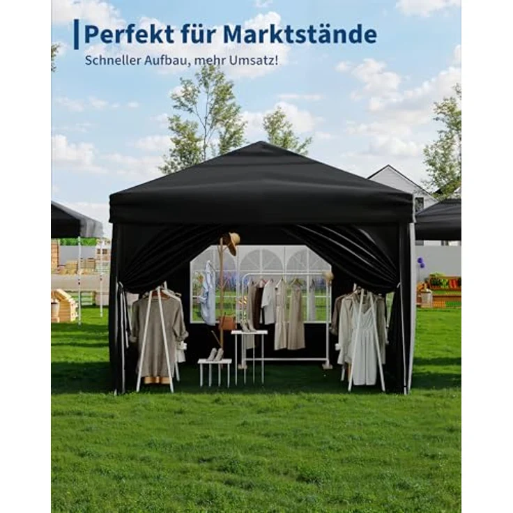Faltpavillon 3x3 m wasserdicht stabil mit 4 Seitenwänden – Pop up Pavillon faltbar aus 420D Oxford, UV-Schutz 50+, 3-Fach höhenverstellbar, Partyzelt mit Tragetasche für Garten & Outdoor Schwarz – Bild 3