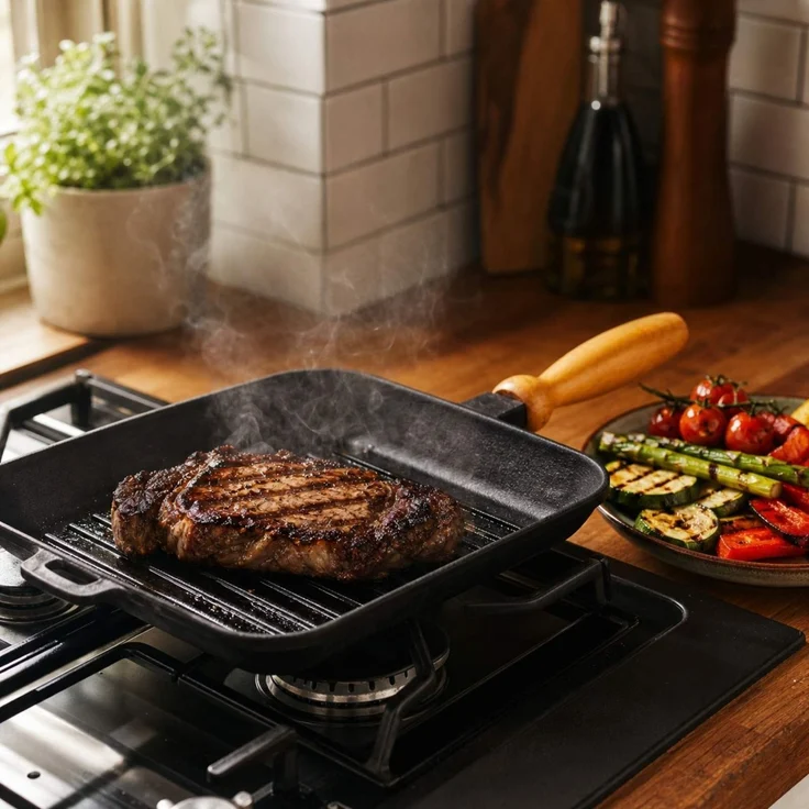 Gusseisen Grillpfanne 28x28 cm mit abnehmbarem Holzgriff – Grillstreifen-Effekt für Induktion & Backofen Steakpfanne Bratpfanne – Bild 5