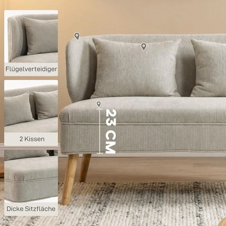 HOMCOM Loveseat kleine Couch mit Flügelrücken, 2 Wurfkissen (117 cm Dick Gepolstert Doppelsofa, 1-St, Modern Polstersofa), für Wohnzimmer, Schlafzimmer, Beige – Bild 5
