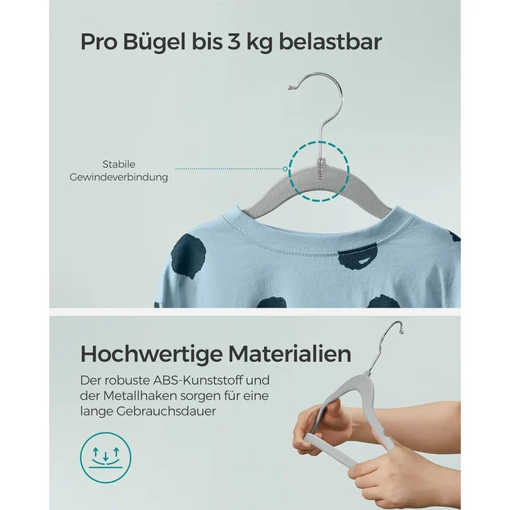 SONGMICS Kinderkleiderbügel, 50er Set Kleiderbügel Kinder, Baby-Kleiderbügel, Bügel Samt, 360° drehbarer Haken in Silber, platzsparend, rutschfest, für Kleiderschrank, Taubengrau CRF027G05 – Bild 8