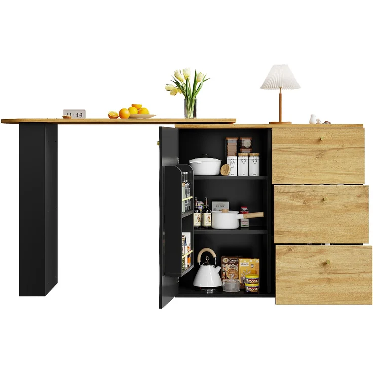 Ausziehbarer Bartisch mit Stauraum(138-204×39×104cm) , 360° drehbare Essbar,Moderner Beweglicher Bar Table,Hochtisch Kücheninsel Bistro Table, Sideboard mit Holzmaserung--Schwarz--120.5x58x13.5cm--YOUDENOVA – Bild 7
