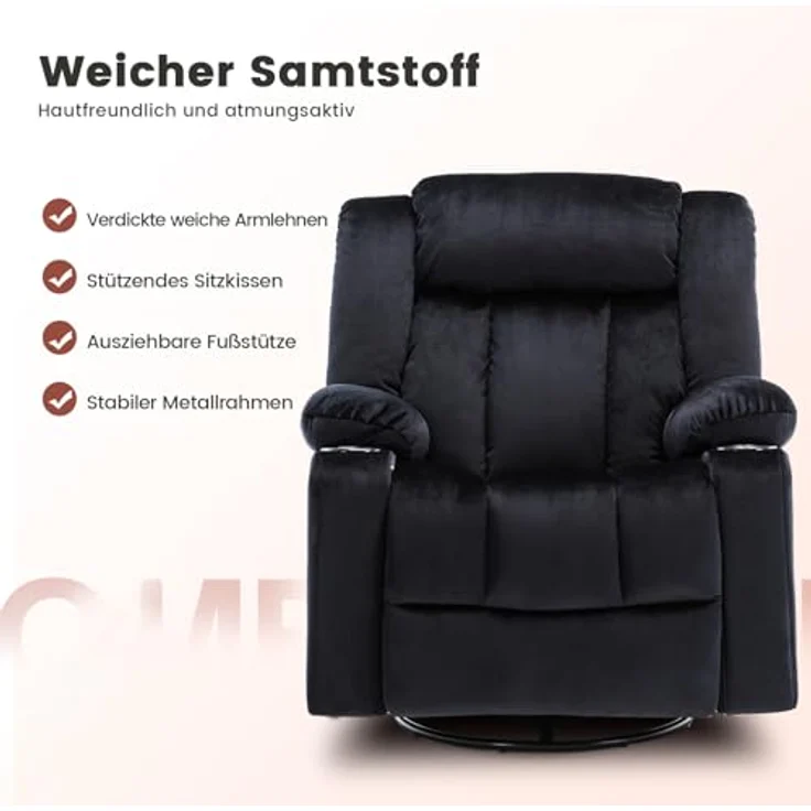 COMHOMA Manueller Drehbarer Relaxsessel für Erwachsene mit Verstellbarer Rückenlehne und Fußstütze, 360° Lounge Sessel für Wohnzimmer, Weicher Stoff, Ergonomisch, Schwarz – Bild 3