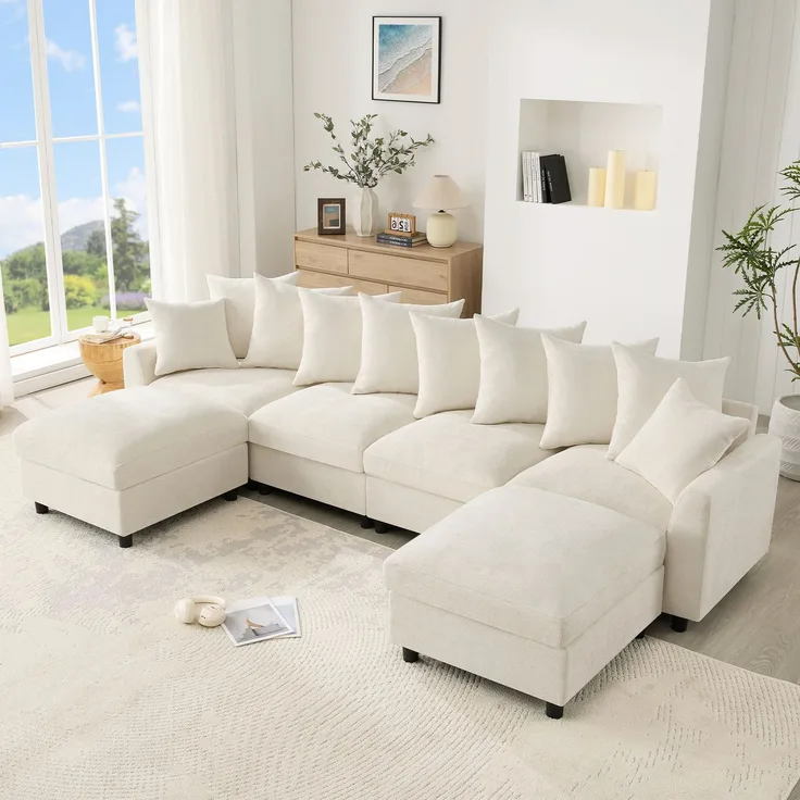 Modulares U-/L-förmiges Ecksofa, 6-Sitzer Kombi-Design mit 2 beweglichen Fußhockern, USB/Type‑C Ladeanschluss, 8 flexibel verstellbare Kissen + 2 Zierkissen, Waffel‑Chenille, Beige