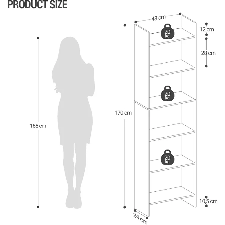 Bücherregal, Regal, Standregal, Büroregal, mit 6 Fächern, offen, für Wohnzimmer, Arbeitszimmer, Büro, als Raumteiler, 24 x 48 x 170 cm, Eichenbeige – Bild 8