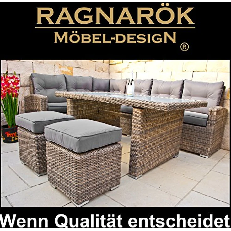 Ragnarök Möbel-Design Gartenlounge-Set Dining Lounge Wieland L, (Set, Ecksofa + Tisch + Hocker, Polyrattan, inkl. aller Polster), Rostfrei, mit Staufächern, 10 Jahre Garantie, wird montiert geliefert – Bild 6
