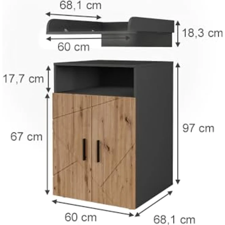 Vichy Wickelkommode Irma, Anthrazit/Goldkraft Eiche, 60 x 97 cm mit praktischem Wickelaufsatz und seitlichen Ablagefächern – Bild 2