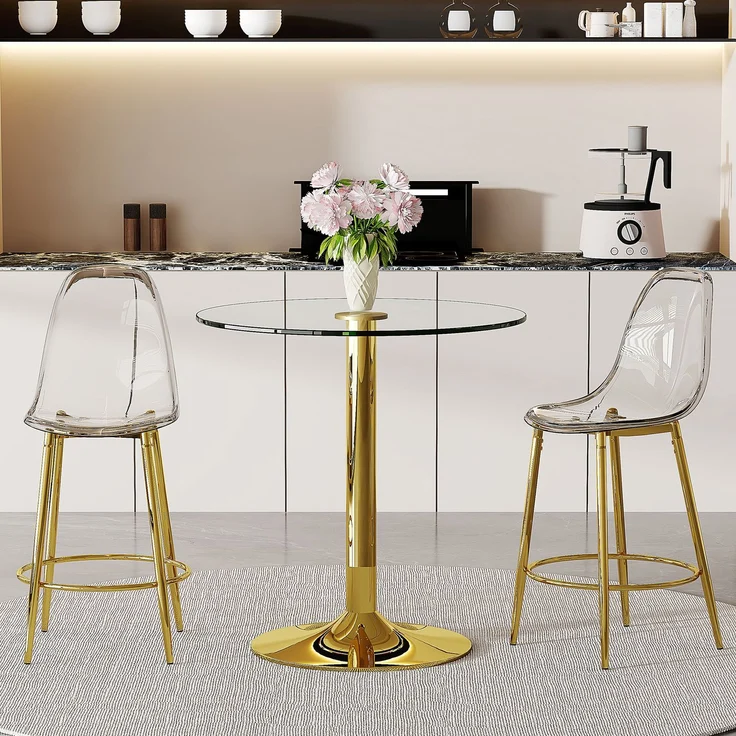 Flexibles Bar-Set: 89 cm Glastisch + 2 transparente Barhocker – speziell für europäische offene Küchen konzipiert. Goldfarbenes metallenes Gestell mit bequemer Fußstütze, Flexibles Bar-Set: 89 cm Glastisch + 2 transparente Barhocker – speziell für euro... – Bild 5
