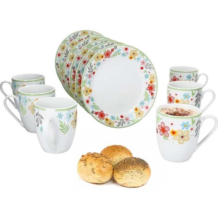 12tlg Frühstücksset Variant Blümchen Porzellan 6 Personen Teller klein Kaffeebecher