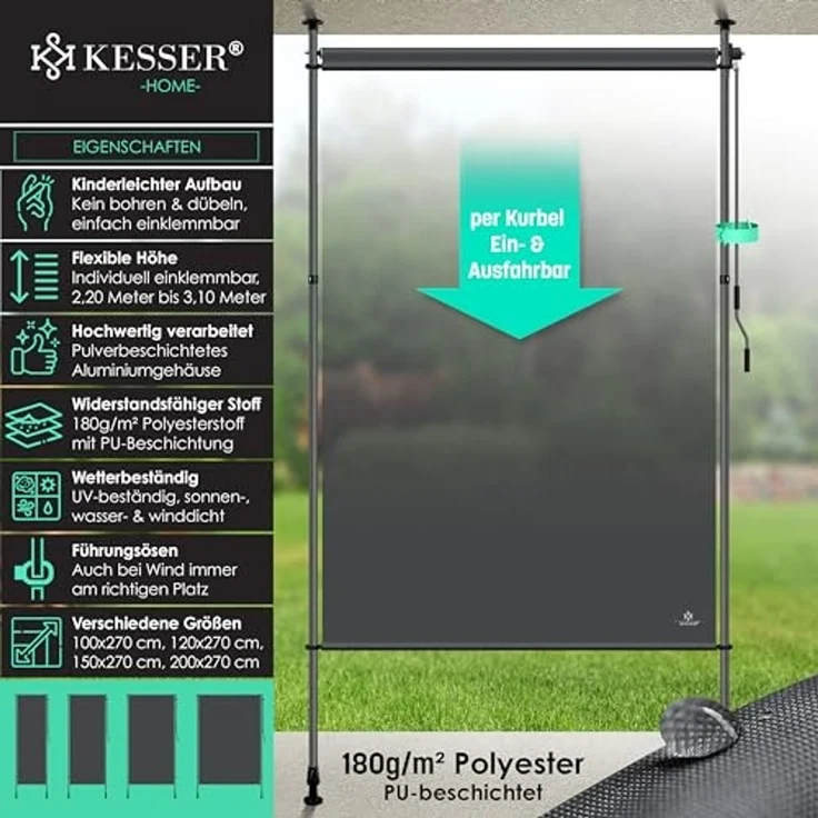 KESSER® Klemmmarkise Senkrechtmarkise außen Ausziehbar & Blickdicht | Vertikalmarkise mit Handkurbel ohne Bohren | Balkon-Sichtschutz & Windschutz für Garten & Terrasse Wasserfest Anthrazit, 200 x 310 cm – Bild 2
