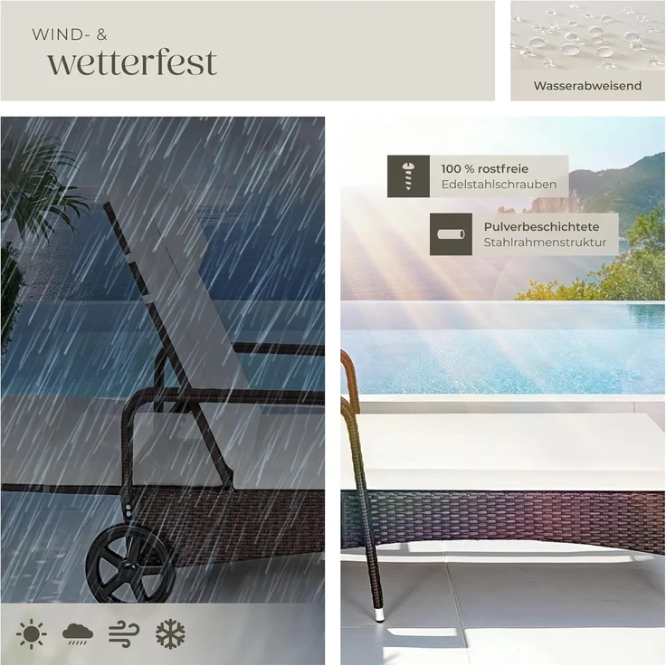 tectake Poly Rattan Gartenliege mit Rollen, 6-Fach höhenverstellbarer Liegestuhl, bis 120kg belastbar, Sonnenliege Rattan (wetterfest), Liege inkl. Polster und Kissen - braun gemischt – Bild 7