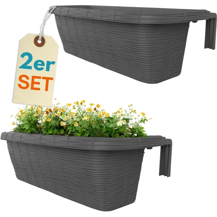 GarPet Balkonkasten 2er Set Blumen Kasten Balkon Geländer Wasserspeicher Rattan Anthrazit