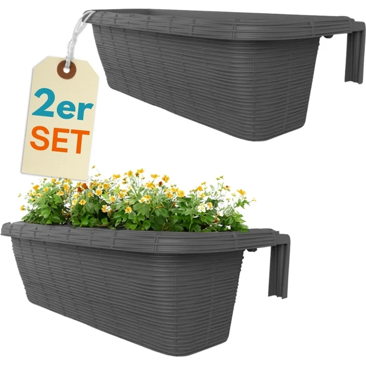 GarPet Balkonkasten 2er Set Blumen Kasten Balkon Geländer Wasserspeicher Rattan Anthrazit – Bild 1