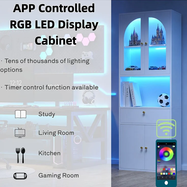Glasvitrine, Bücherschrank, Büroschrank, Figurenschrank, Hochschrank, Stauraumschrank,Küchenschrank, mit RGB mehrfarbig dimmbaren LED-Leisten, per Smartphone-App steuerbar, weiß, 70 × 35 × 180 cm--Weiß--70x35x180cm--YOUDENOVA – Bild 8