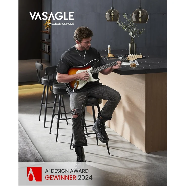 VASAGLE EKHO Kollektion - 360° drehbarer Barhocker, 2er Set, Hocker mit Rückenlehne für Bartisch, Kunstleder mit Nähten, Mid-Century-Modern-Stil, 76 cm hoch, Küche, Hausbar, tintenschwarz LBC889B01 – Bild 2